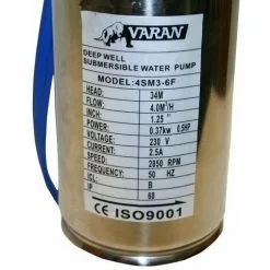 Varan Motors - 4SM3-6F Pompe à Eau Immergée Pour Puits Profond Ou Forage, 4m³/h - 34m, 370Watt, Rotor INOX - Gris 9 Varan Motors - 4SM3-6F Pompe à Eau Immergée Pour Puits Profond Ou Forage, 4m³/h - 34m, 370Watt, Rotor INOX - Gris -VARAN MOTORS Soldes Magasin 138845 5