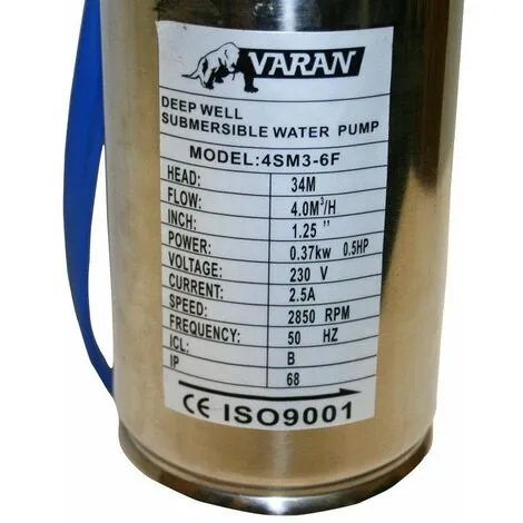 Varan Motors - 4SM3-6F Pompe à Eau Immergée Pour Puits Profond Ou Forage, 4m³/h - 34m, 370Watt, Rotor INOX - Gris 5 Varan Motors - 4SM3-6F Pompe à Eau Immergée Pour Puits Profond Ou Forage, 4m³/h - 34m, 370Watt, Rotor INOX - Gris – Image 5